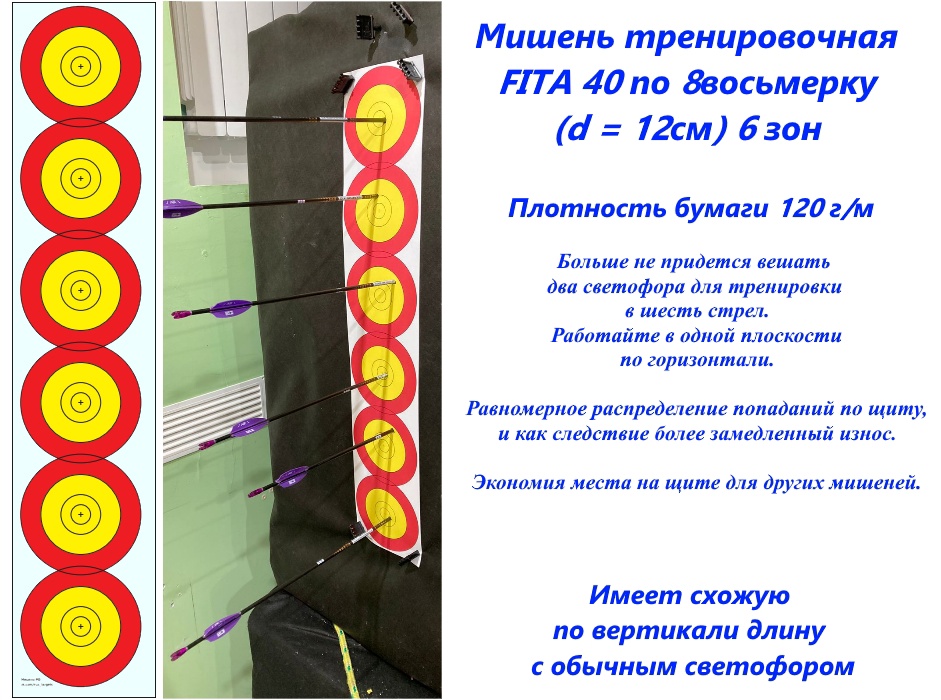Мишень FITA 40cм Тренировочная (6 мишеней на листе) на 18 метров (зоны X-10-8)